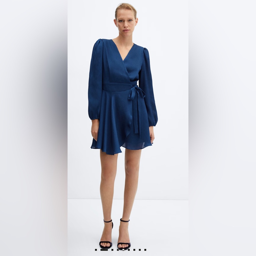 Mango Flowy Mini Wrap Dress, Navy Blue, Size 2